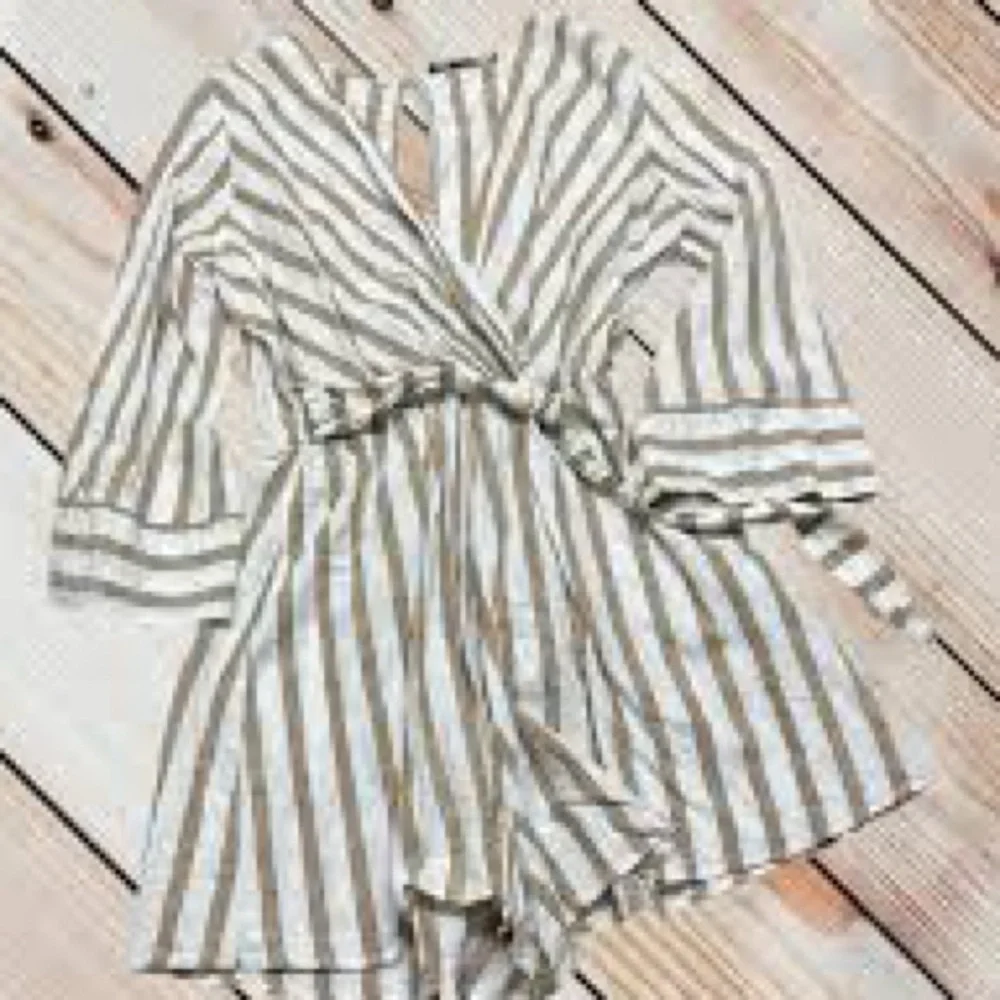 Zara Striped V-Neck Tie-Waist Linen Romper in White and Tan